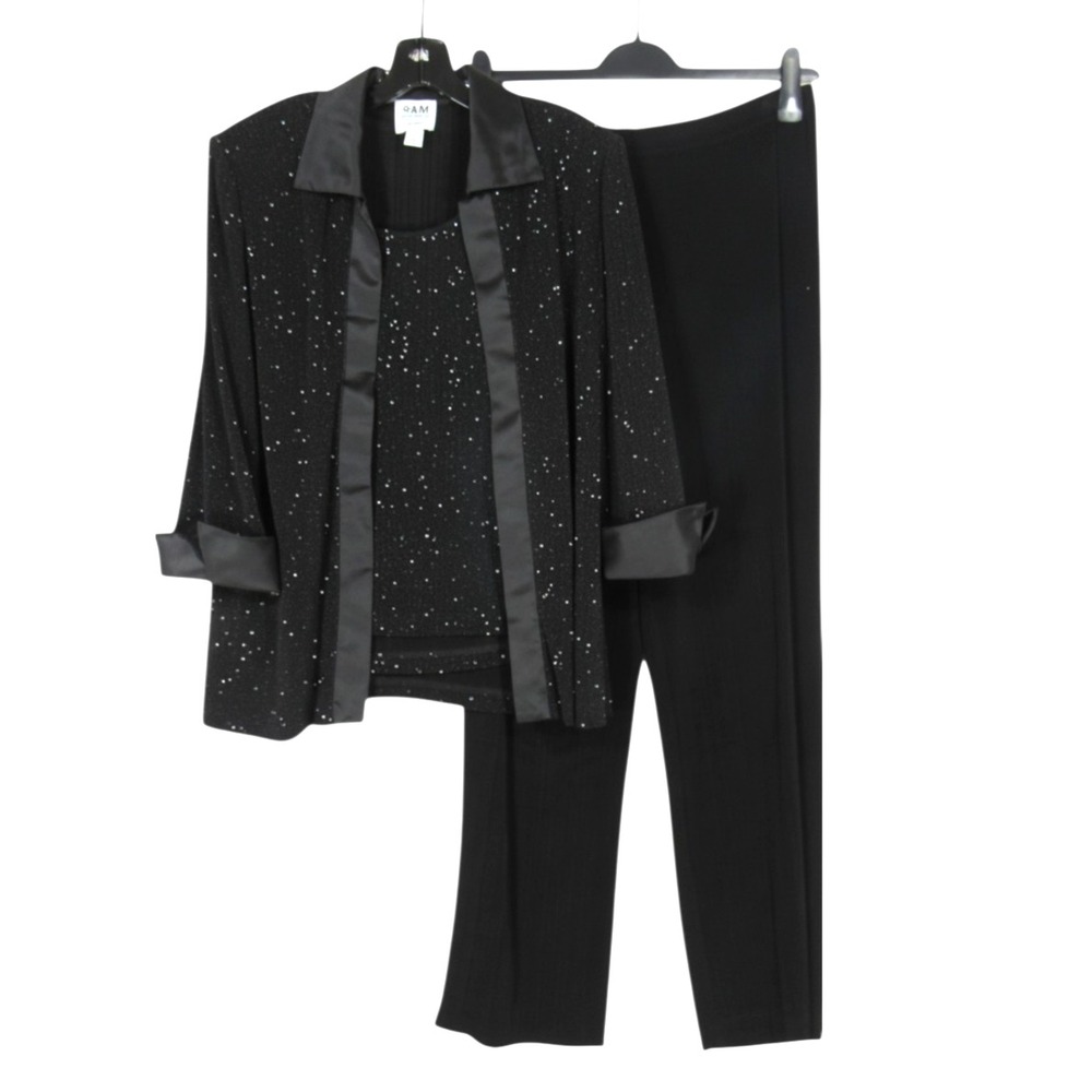 R&M RICHARDS PETITE Crepe SATIN TRIM Shiny RHINESTONES Jacket/Top/Pants SET 8P